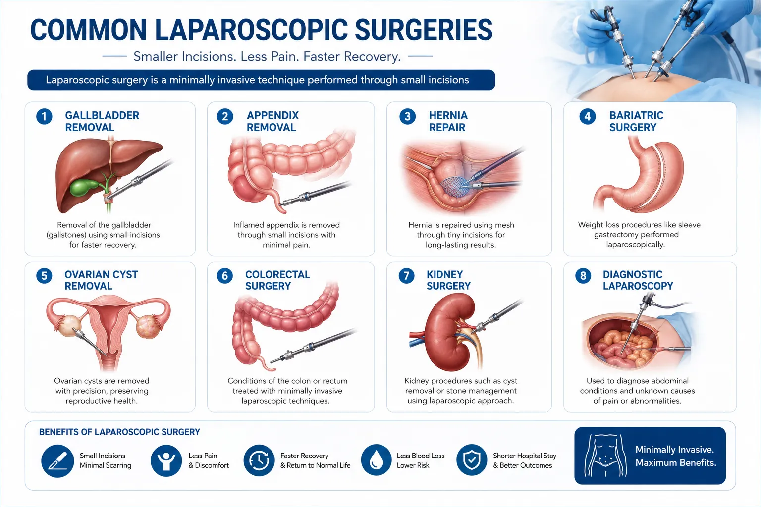 Common procedures performed using laparoscopic surgery including gallbladder, appendix and hernia repair