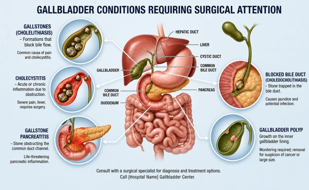 Common gallbladder conditions requiring surgery including gallstones and cholecystitis