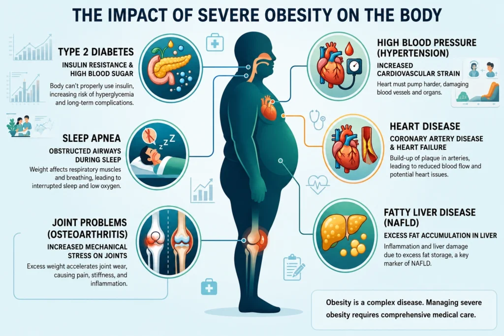 Health risks associated with severe obesity including diabetes and heart disease