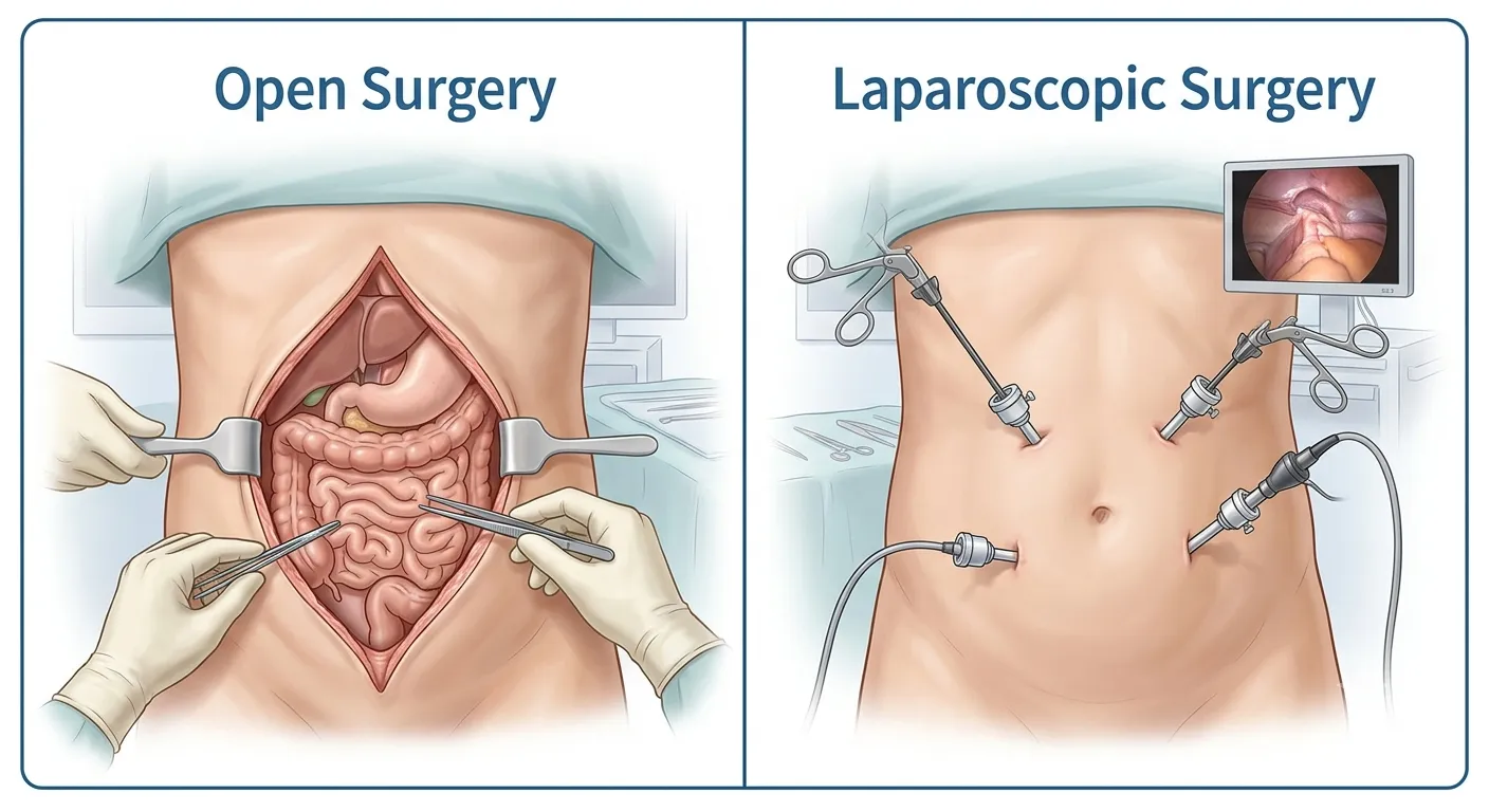 Comparison between open surgery and laparoscopic keyhole surgery showing incision size differences