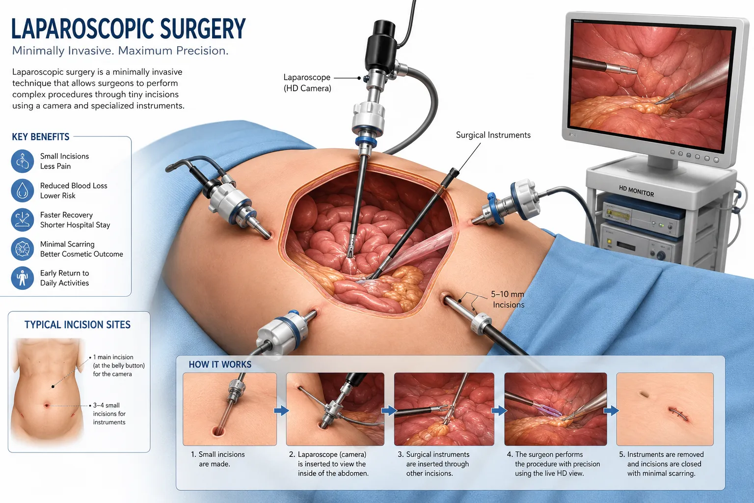 Illustration of laparoscopic surgery using a laparoscope through small abdominal incisions