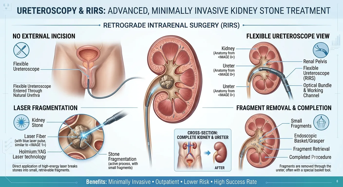 ureteroscopy and RIRS kidney stone treatment procedure using laser stone removal