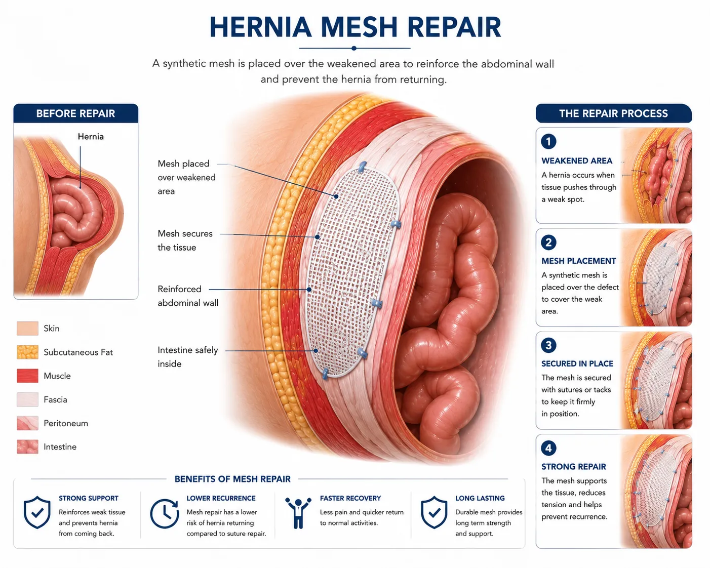 Hernia mesh placement reinforcing abdominal wall after hernia repair surgery