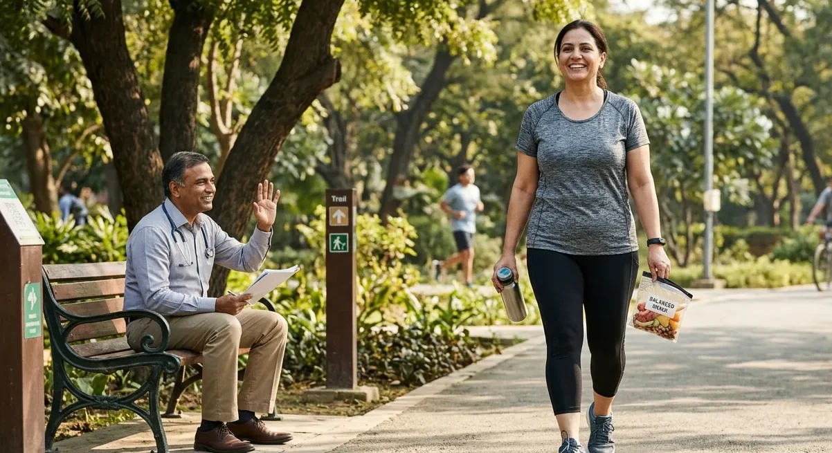 Patient recovering after bariatric surgery with healthy lifestyle changes and weight loss progress
