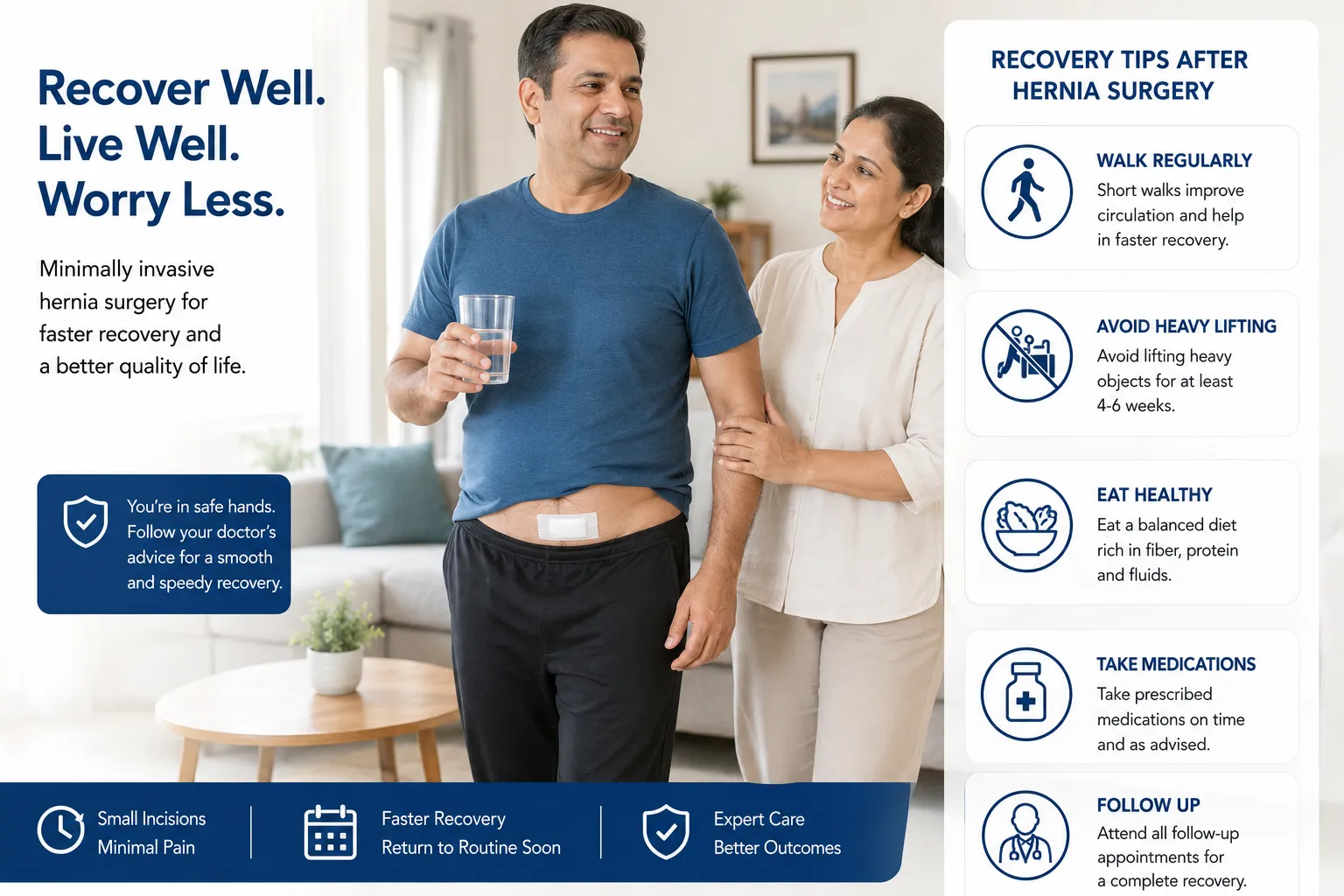 Patient recovering after hernia surgery with guidance for safe movement and healing