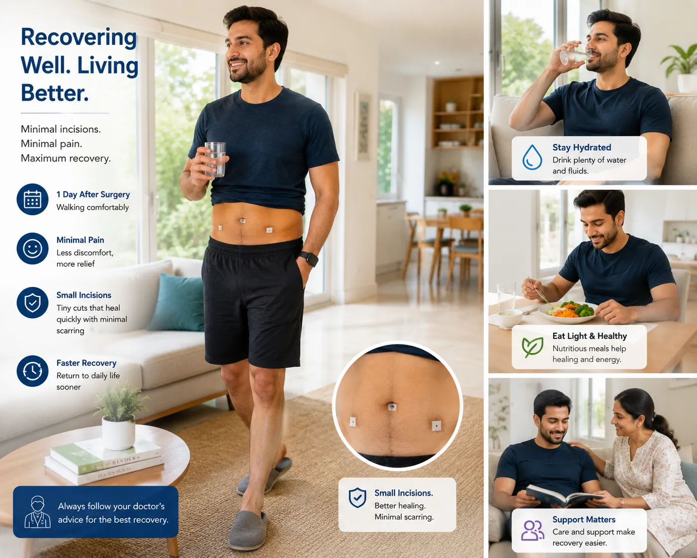 Recovery after laparoscopic surgery showing small incision dressings and early mobility at home