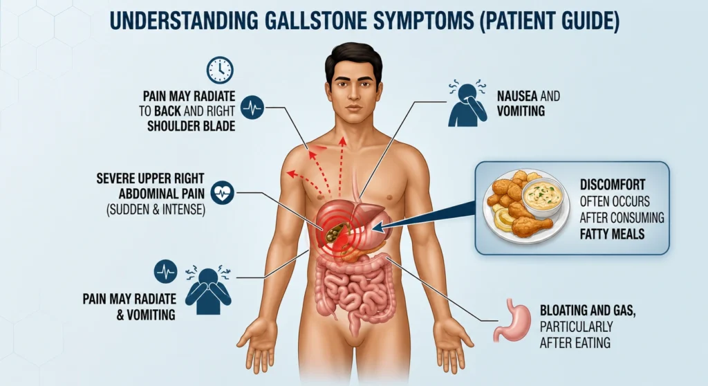 Symptoms of gallstones showing right upper abdominal pain and digestive discomfort