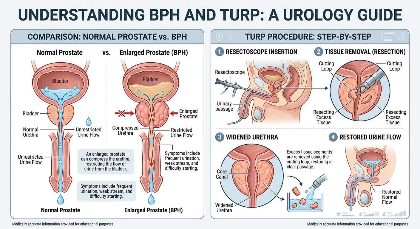 TURP prostate surgery illustration showing enlarged prostate BPH treatment and improved urine flow