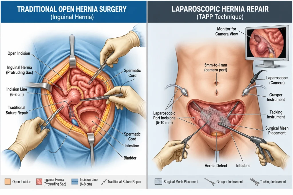 Difference between open hernia surgery and laparoscopic hernia repair techniques
