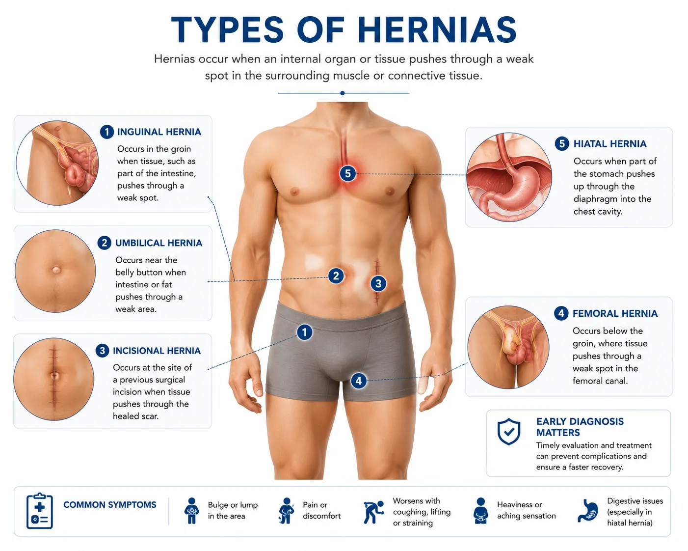 Types of hernia including inguinal, umbilical, incisional and femoral hernia locations