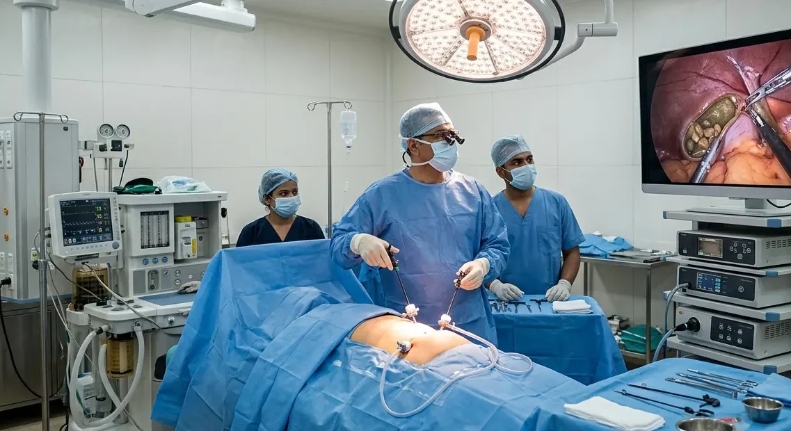 Surgeon performing laparoscopic cholecystectomy using minimally invasive surgical instruments