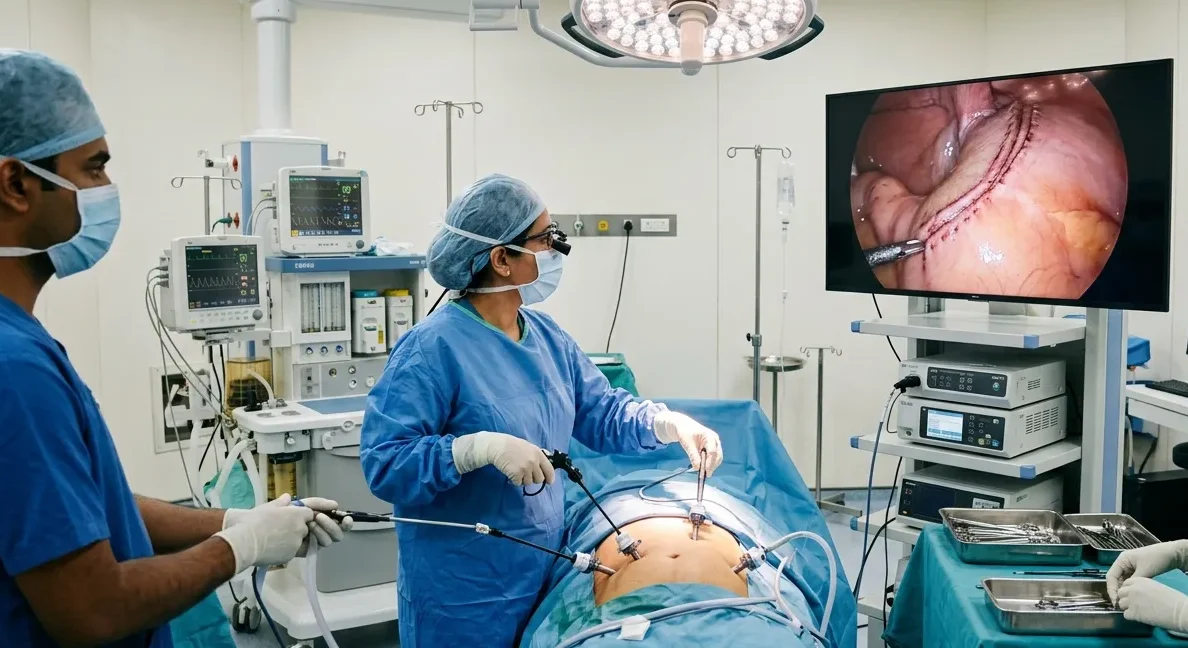 Surgeon performing laparoscopic bariatric surgery using minimally invasive techniques