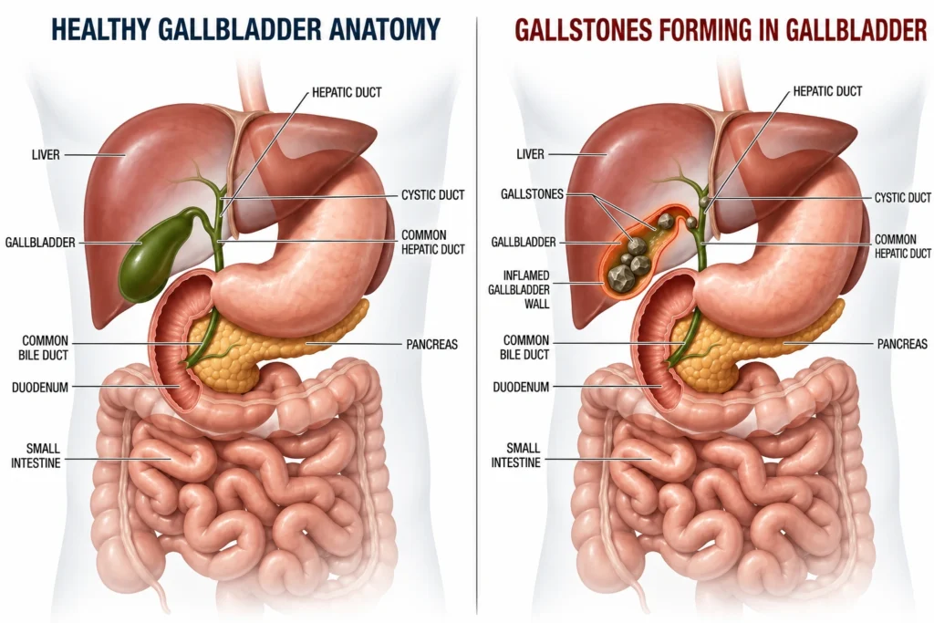 Medical illustration showing gallbladder location and gallstones causing blockage and pain