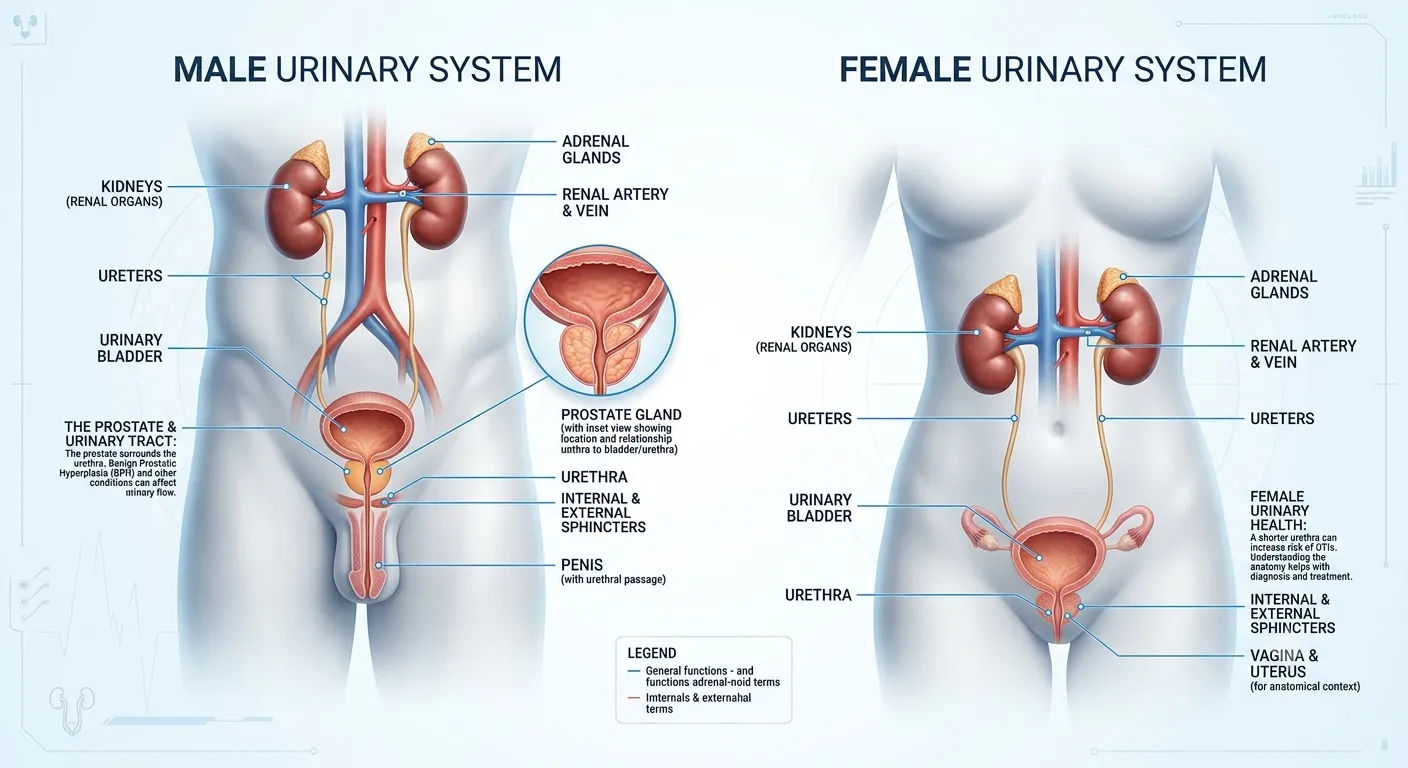 “urology surgery anatomy illustration showing kidneys bladder prostate and urinary tract”