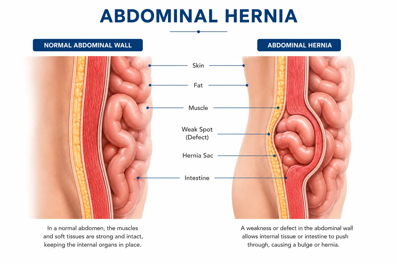 Medical illustration showing abdominal hernia with tissue protruding through a weakened muscle wall