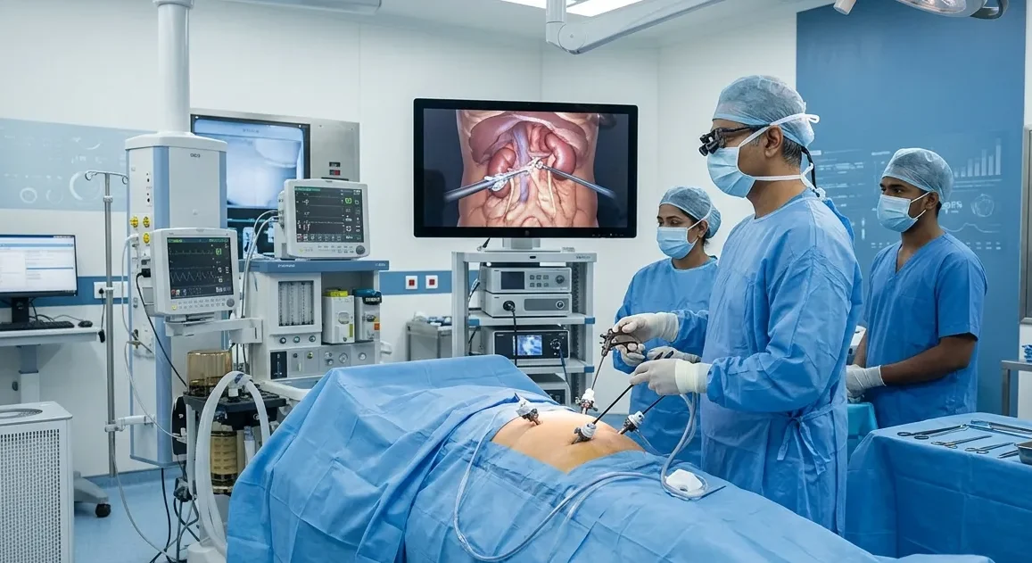 minimally invasive urology surgery performed by surgeon using laparoscopic equipment in operating room