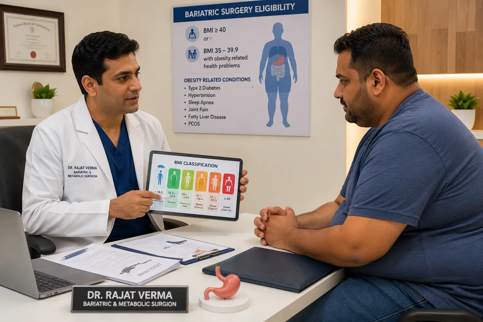 Doctor evaluating BMI and eligibility for bariatric surgery consultation
