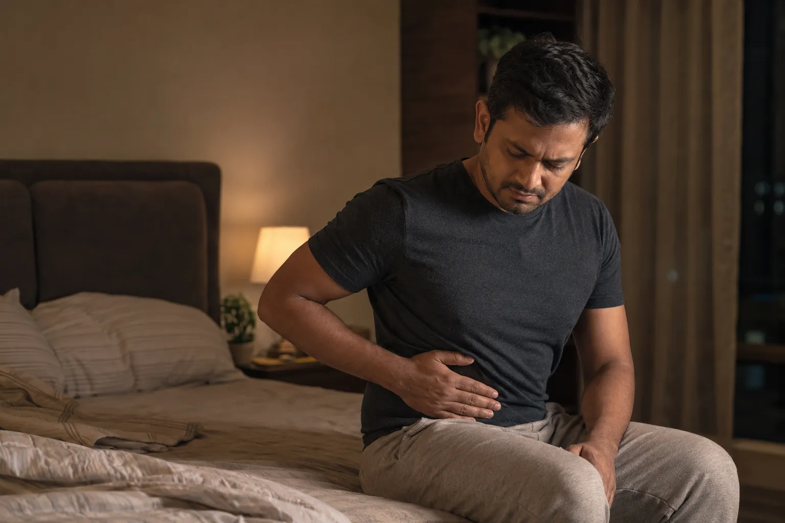 Man experiencing gallstones symptoms and upper right abdominal pain