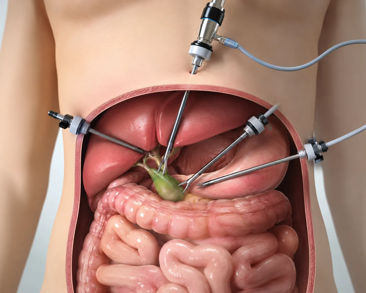 Medical illustration of laparoscopic gallbladder removal through small incisions