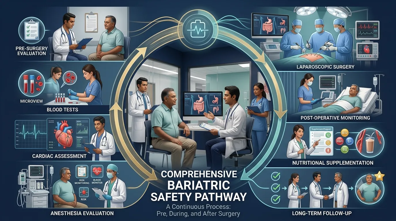 Bariatric surgery safety pathway showing preoperative evaluation surgery monitoring and long-term follow-up