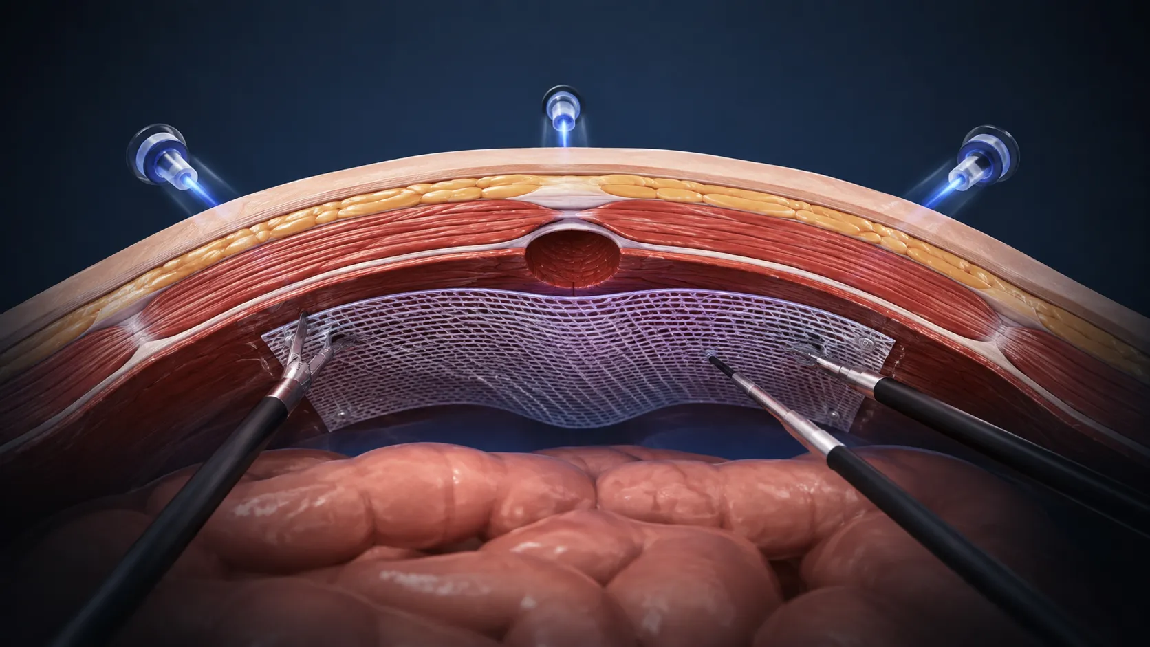 3D illustration showing hernia mesh placement during laparoscopic hernia repair