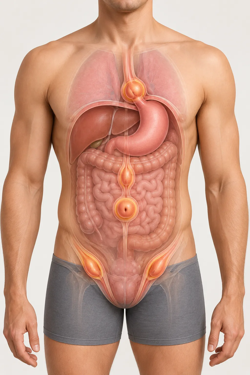 Medical illustration showing common types and locations of hernias