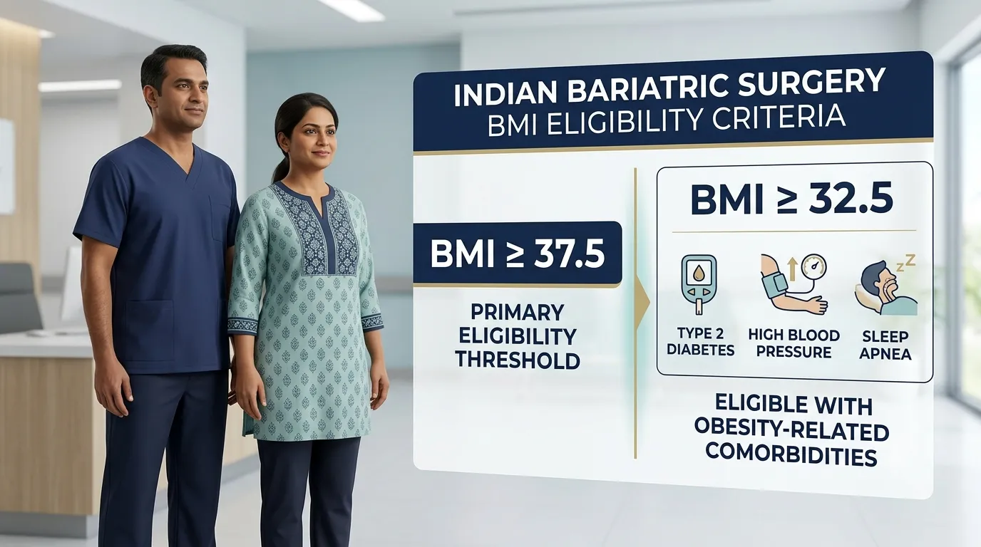 Bariatric surgery eligibility BMI criteria showing BMI 37.5 and BMI 32.5 with related health conditions