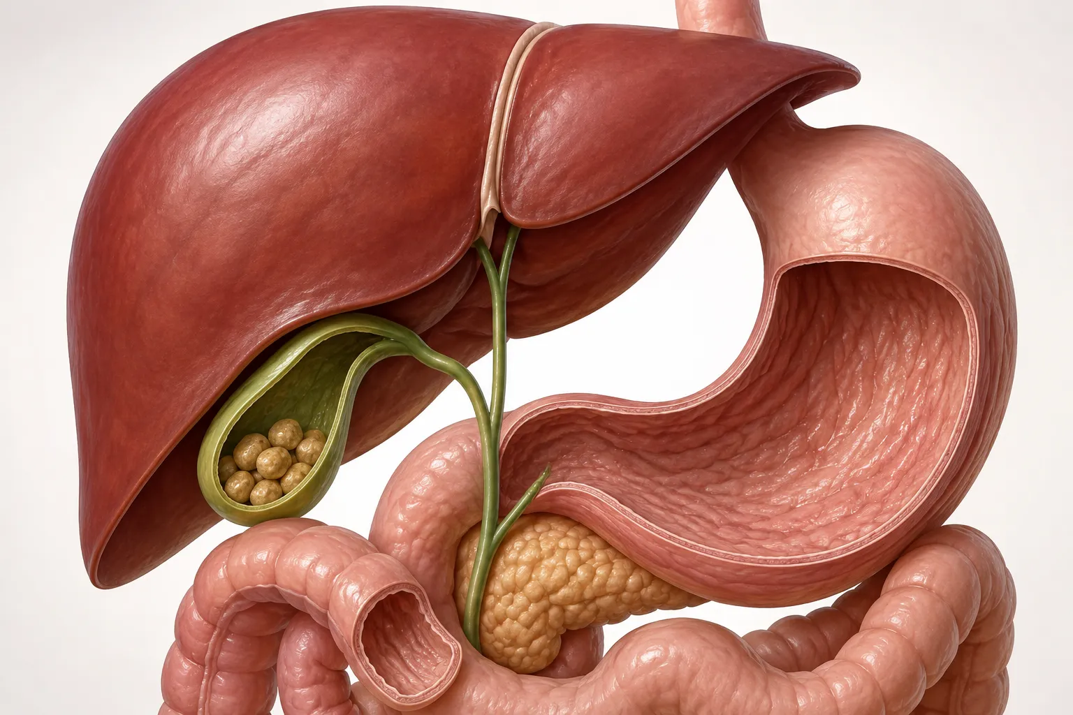 Medical illustration showing gallstones inside the gallbladder