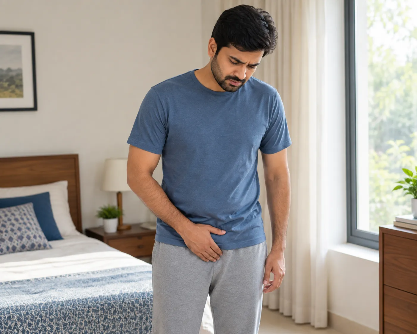 Man experiencing hernia symptoms and discomfort in the lower abdomen